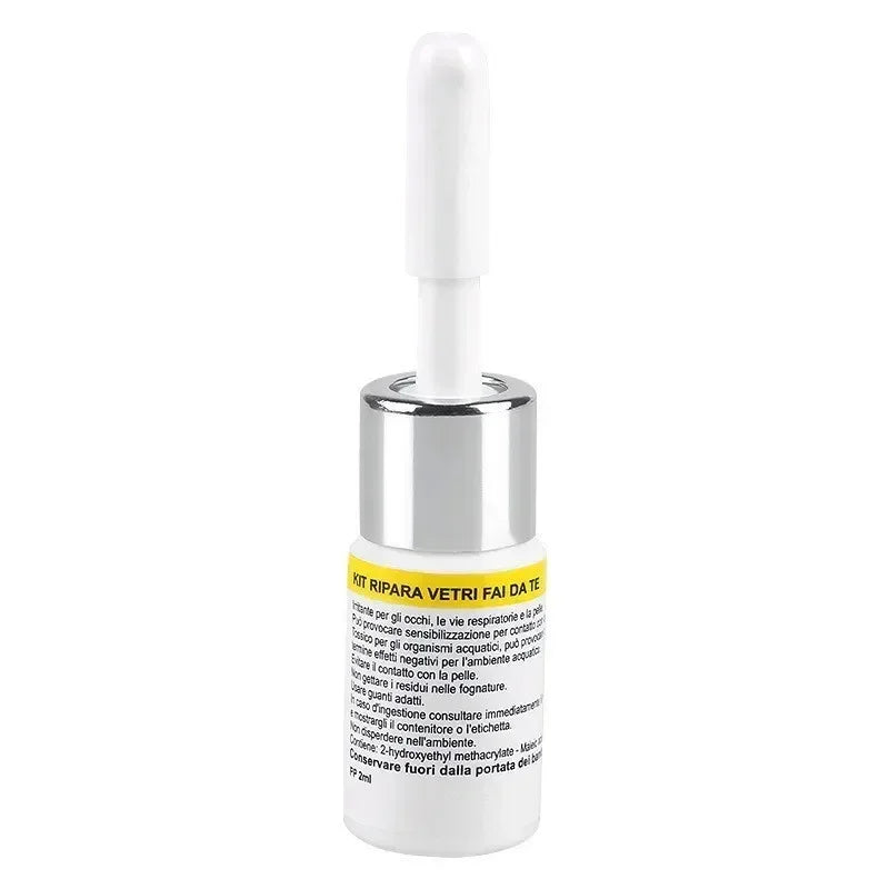 A small glass repair resin kit with a white applicator tip in a silver tube.