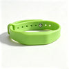 A lime green silicone wristband with a silver clasp and multiple holes for access control.