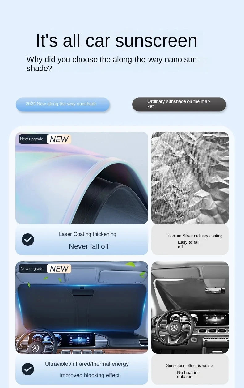 A comparison showing a new nano sunshade product with features like laser coating and improved blocking effect.