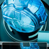 A blue electric water blaster is shown being loaded and rotated to the right for use.