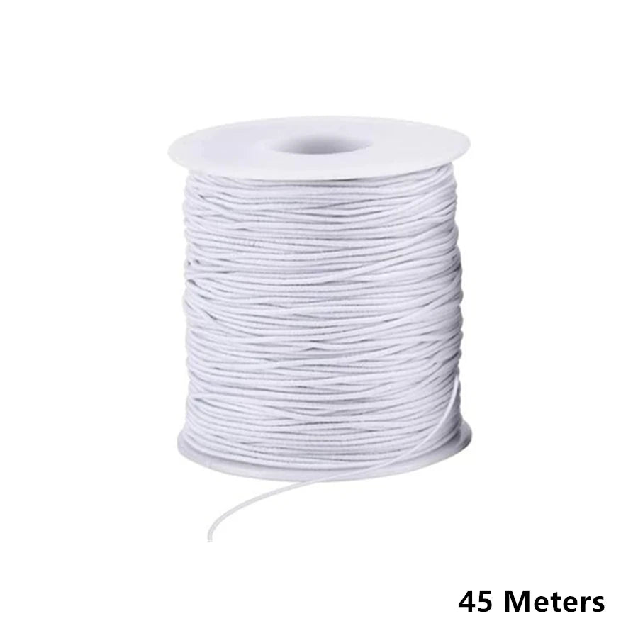 A roll of white 1mm elastic stretchy cord for jewelry making, measuring 45 meters long.