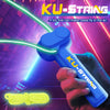 A hand holds a blue rope launcher toy with a yellow string, demonstrating its ability to make ropes fly in the air.
