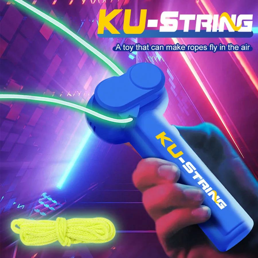 A hand holds a blue rope launcher toy with a yellow string, demonstrating its ability to make ropes fly in the air.