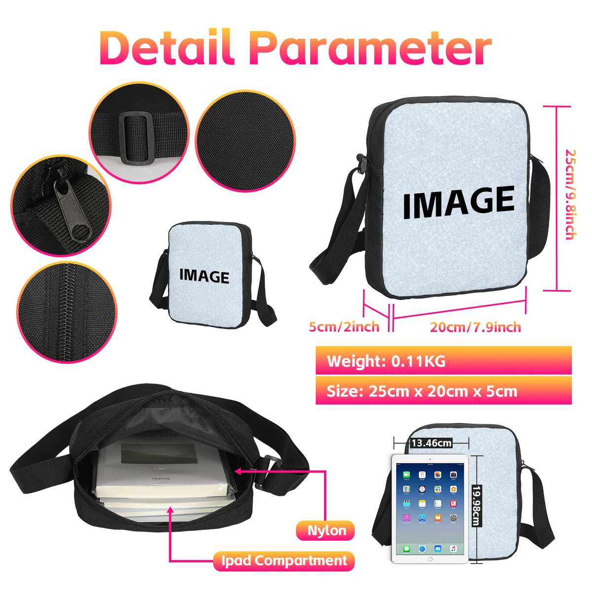 A black and silver backpack set featuring an image print and an iPad compartment.