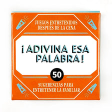 A box for a card game titled ¡Adivina esa palabra! with text suggesting fun after dinner and suggestions for entertaining the