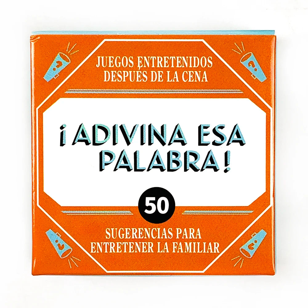 A box for a card game titled ¡Adivina esa palabra! with text suggesting fun after dinner and suggestions for entertaining the