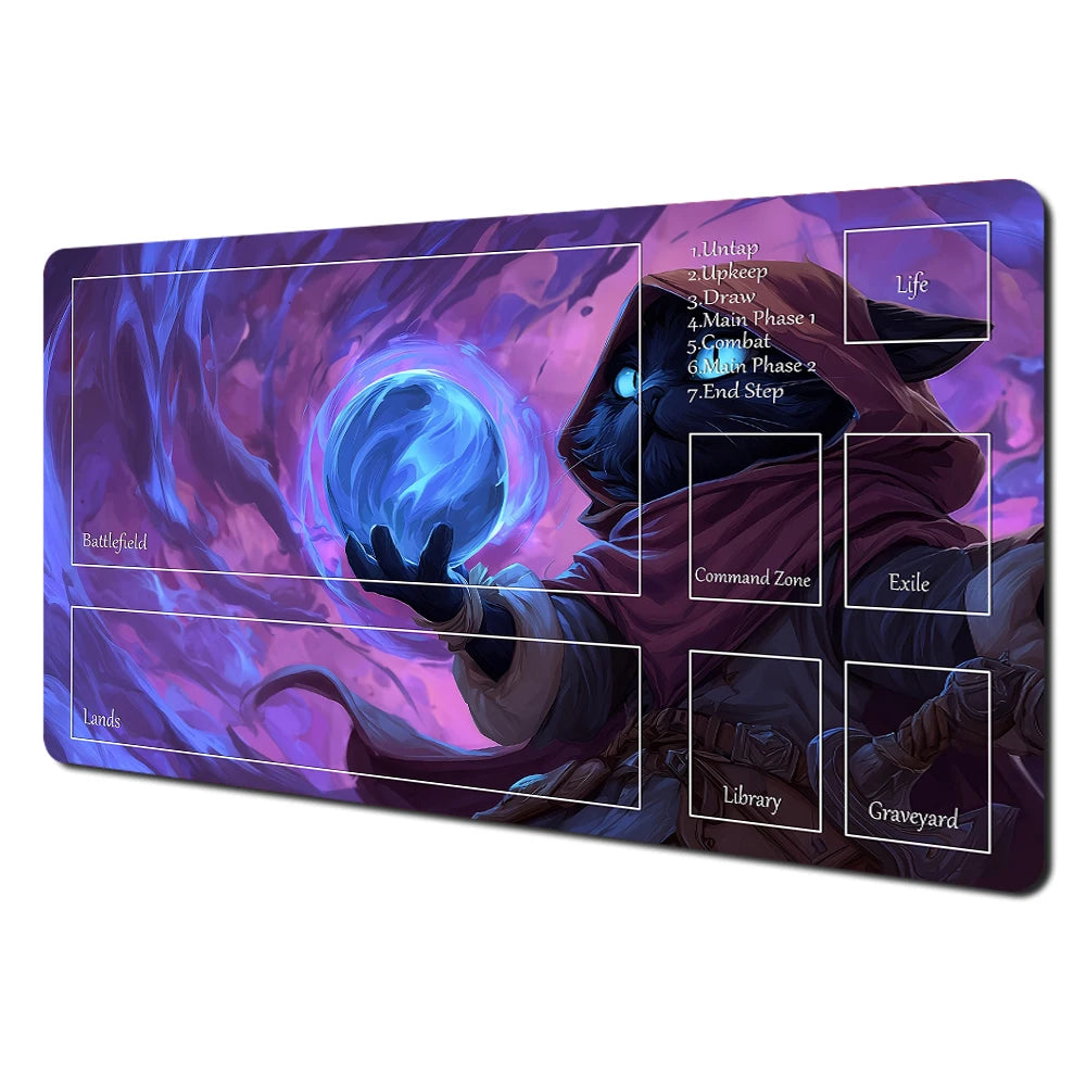 Fantasy card playmat featuring an illustration of a rabbit and raccoon character with various game zones labeled.
