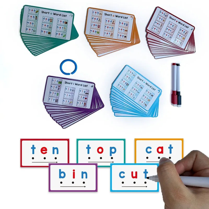 Set doppelseitiger CVC-Wort-Erkennungs-Flashcards in verschiedenen Farben und Formaten, darunter kurze Wortlisten und einzeln