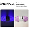 Purple glow-in-the-dark polyester yarn with a black label shown in two views