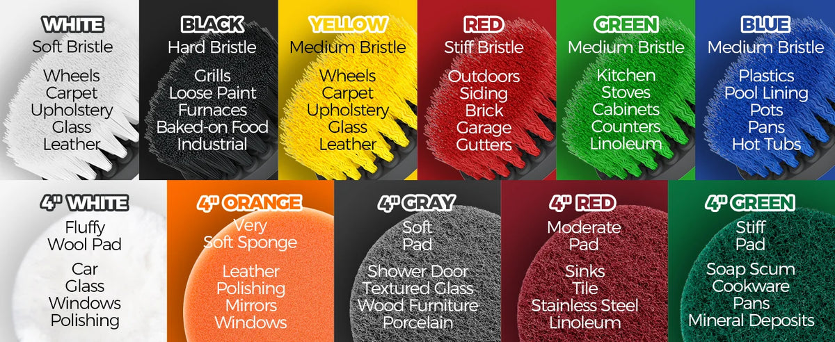 A set of 12 power drill brush attachments in various colors including white, black, yellow, red, green, and blue.