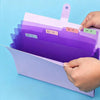 A hand is holding an accordion document folder with purple and pink colored pockets labeled for different subjects.