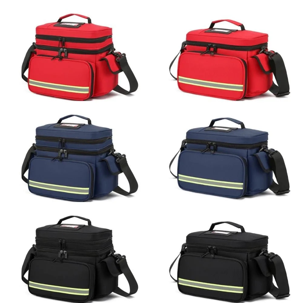 A set of black, red, and blue waterproof double-layer trauma and first aid bags for emergency medical supplies.