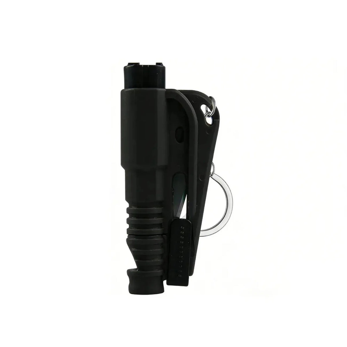 Black 3-in-1 car emergency escape tool with window breaker and seatbelt cutter.