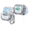 Silver and transparent AirPods Pro 3 case with a secure magnetic lock and drop protection feature.