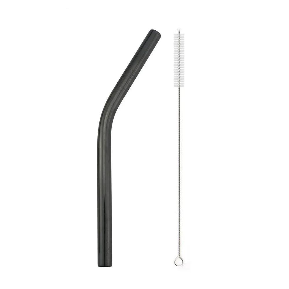 A reusable 304 stainless steel drinking straw with a cleaning brush shown in profile view.