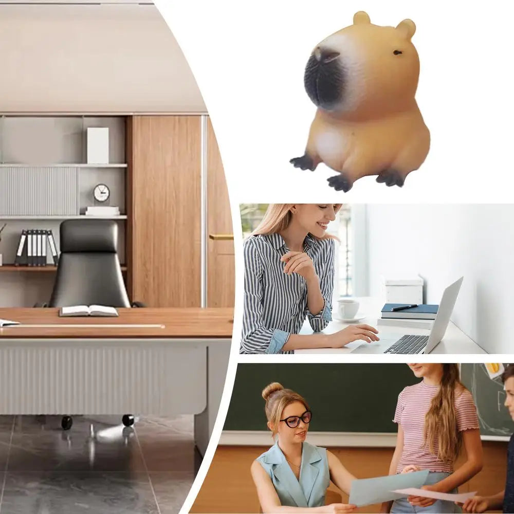 A cartoon capybara squeeze toy is shown next to a woman working on a laptop.