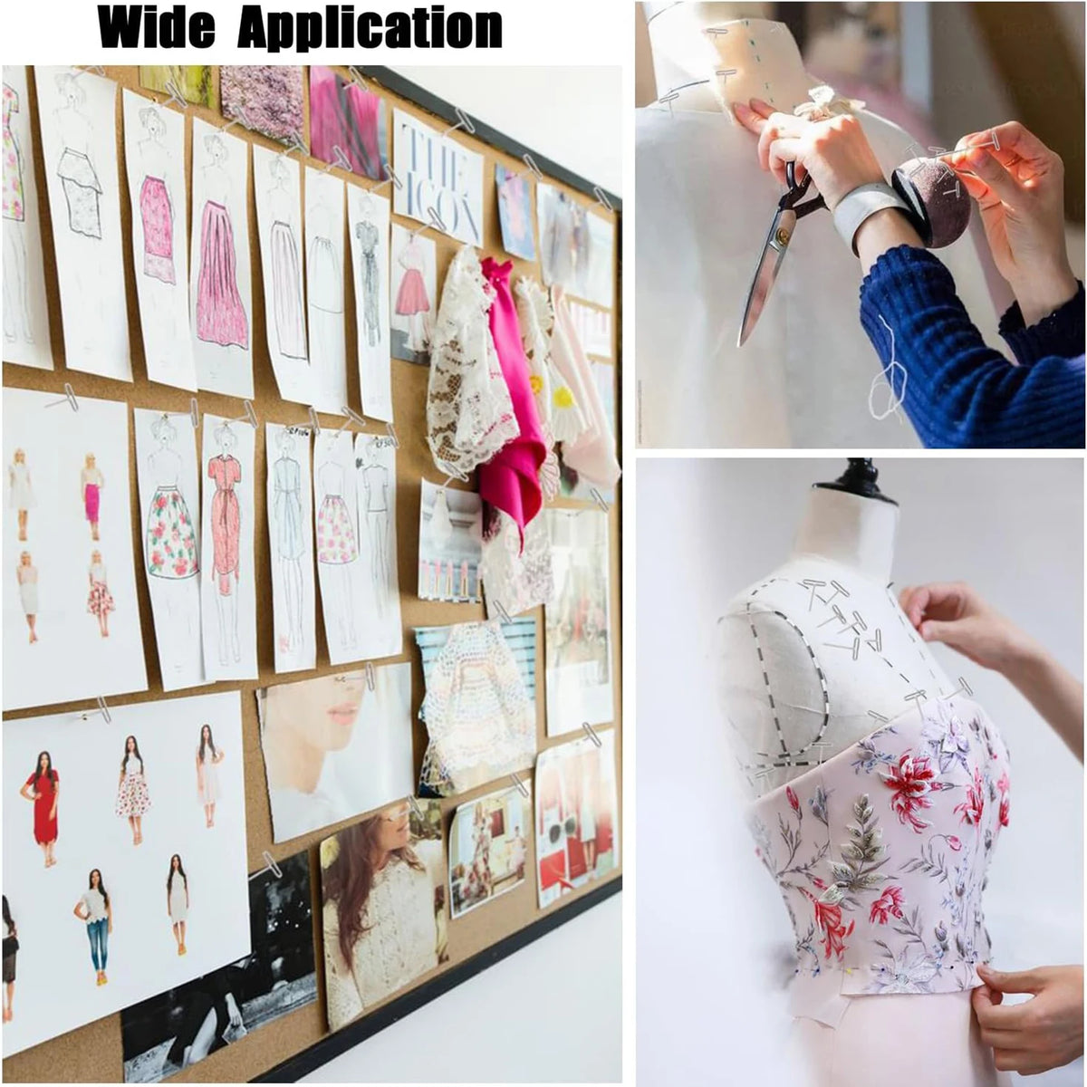 A collage of various fabric and sewing items displayed on a board, demonstrating wide application for knitting, sewing, and c