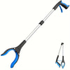 A silver foldable reacher grabber tool with a blue handle and clip.