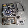 A collection of premium metal spinning tops and related accessories packaged in boxes and plastic bags.