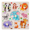 A wooden 3D jigsaw puzzle featuring various animals like a panda, lion, monkey, elephant, zebra, and fox.