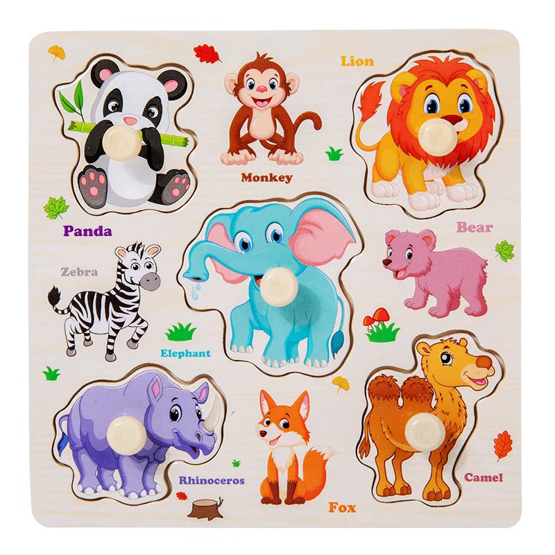 A wooden 3D jigsaw puzzle featuring various animals like a panda, lion, monkey, elephant, zebra, and fox.
