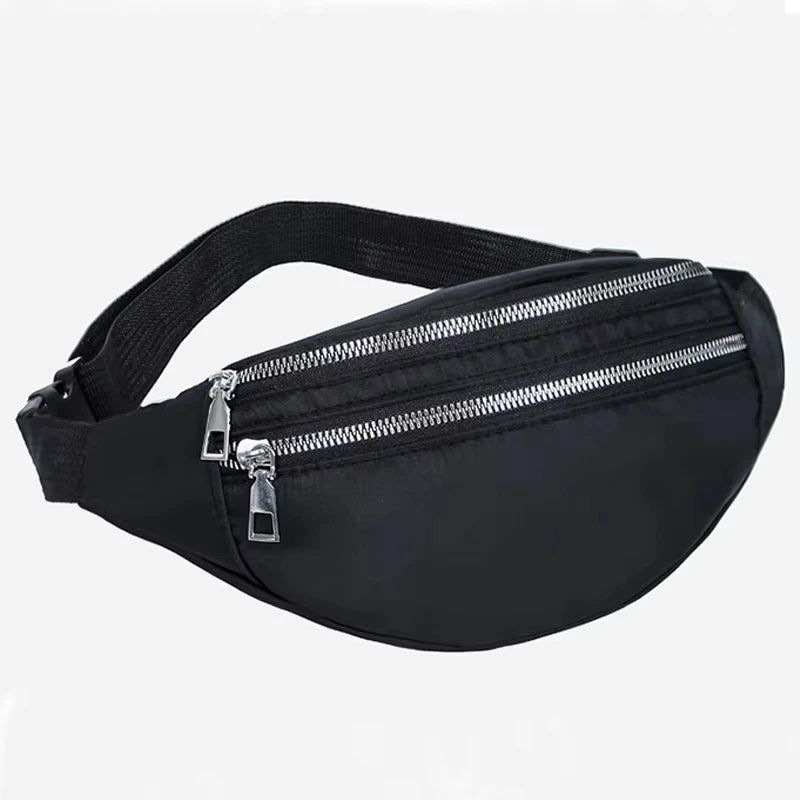 Black nylon waist pack with a zipper and adjustable strap