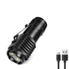 A black pocket-sized 3-LED rechargeable flashlight with a clip, shown from the side.