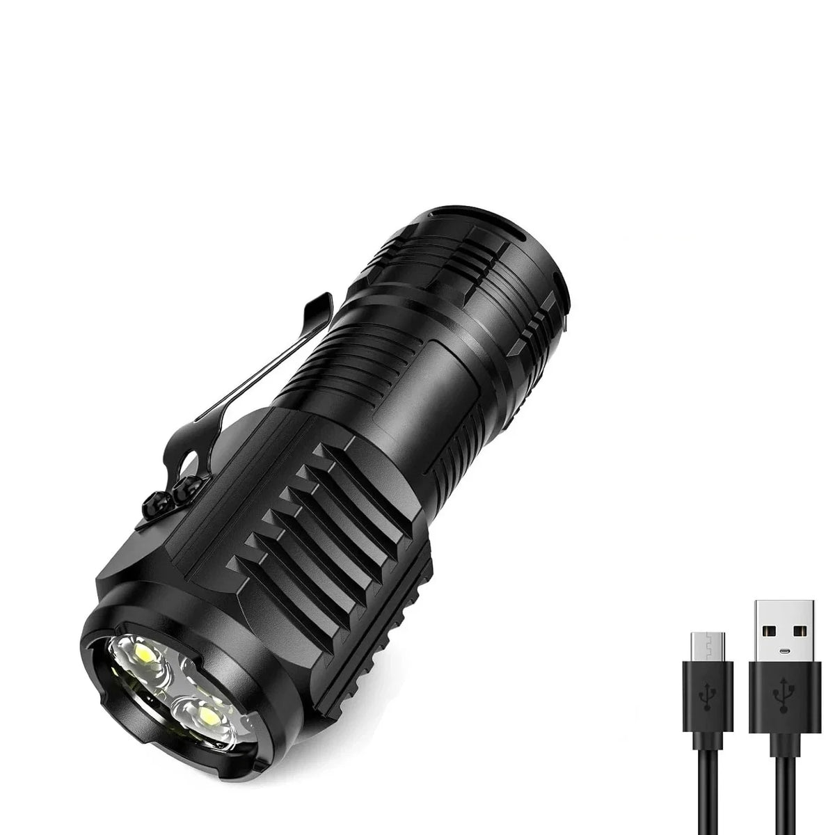 A black pocket-sized 3-LED rechargeable flashlight with a clip, shown from the side.