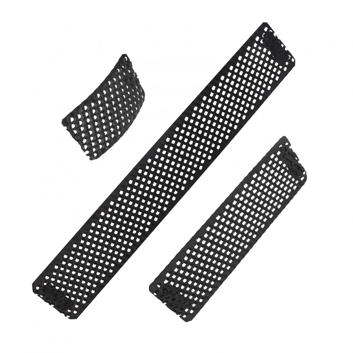Two black flat Surform shaver blades for smoothing and shaping, shown diagonally.