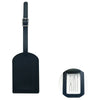 A dark navy blue PU leather luggage tag with a silver clip and a rectangular shape.