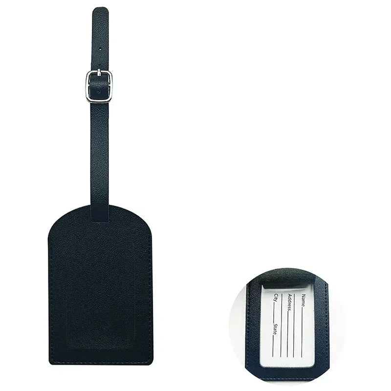 A dark navy blue PU leather luggage tag with a silver clip and a rectangular shape.