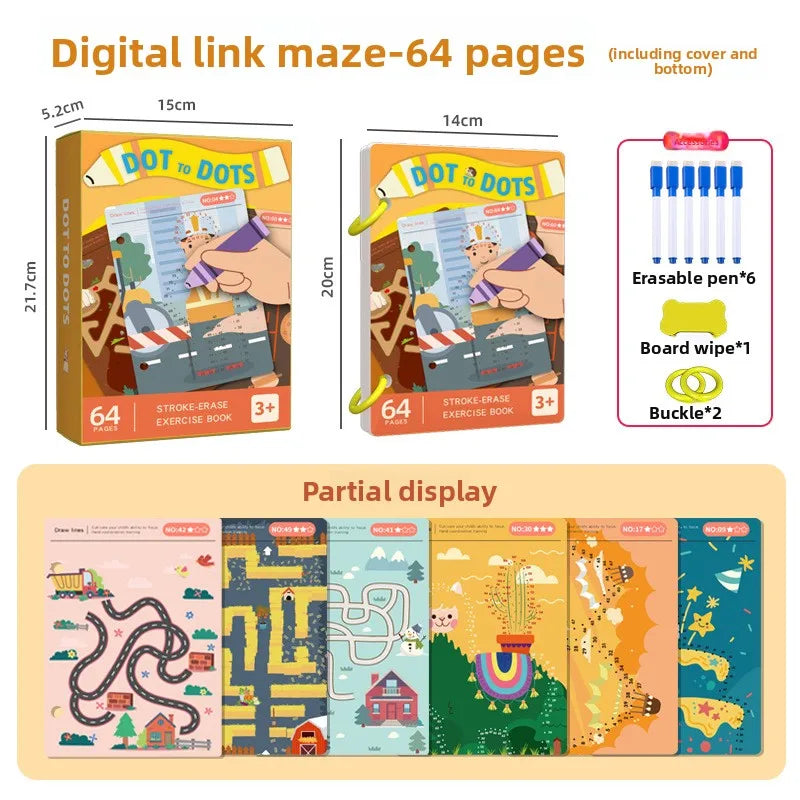 A set of 64 pages of a digital link maze book including a cover and bottom, with an erasable pen, board wipe, and buckle.