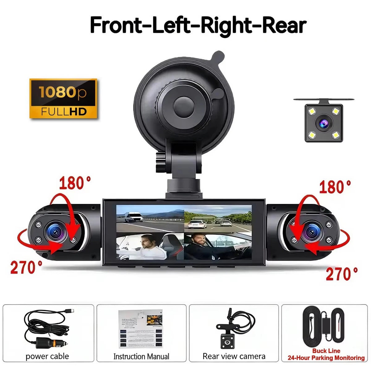 Front-Left-Right-Rear 1080P dash cam with night vision and power cable.