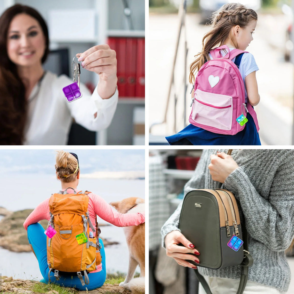 A woman holds a purple mini pop keychain fidget toy while a child wears a pink backpack.