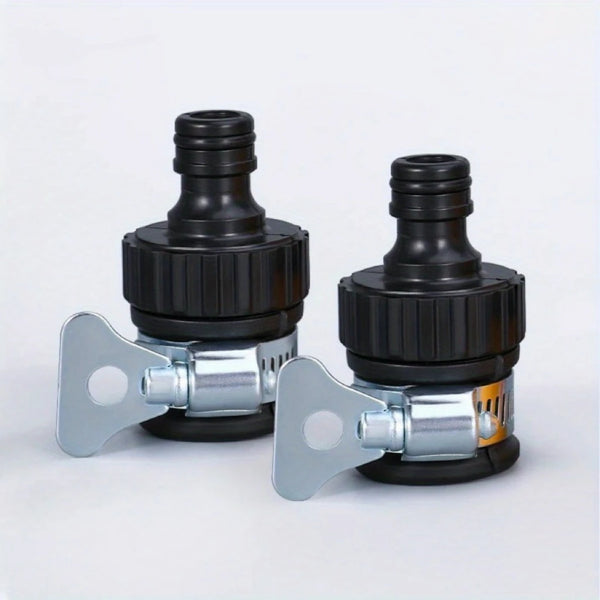 A black universal quick connect water faucet adapter with silver mounting brackets.