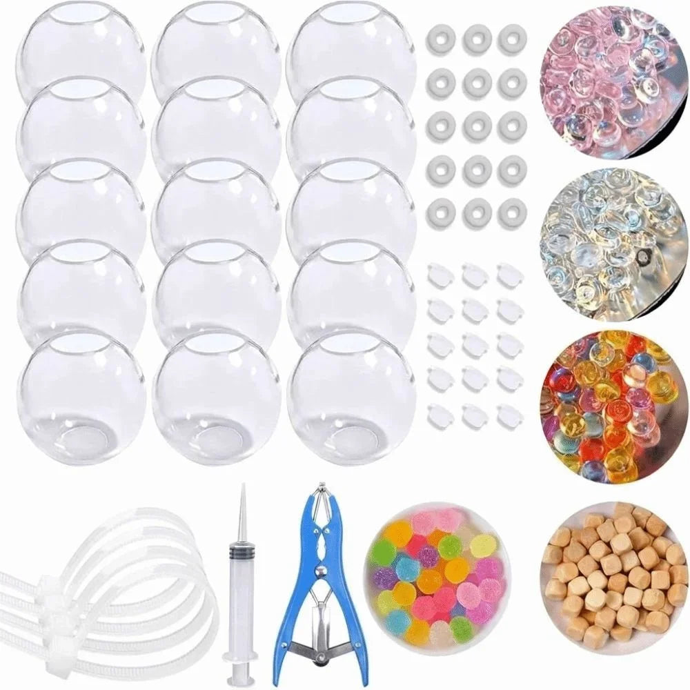 Eine Sammlung klarer Silikon-Squishy-Stressball, Formen und Werkzeuge für DIY-Basteln.