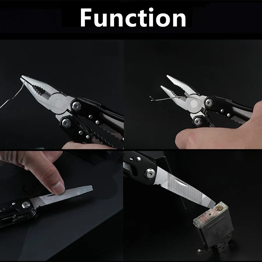 Close-up view of a stainless steel pocket multitool showing various functions including pliers and knife blades.