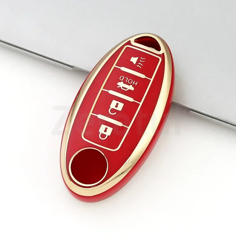A red and gold TPU car key case cover with multiple buttons for Nissan and Infiniti models
