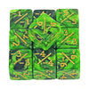 A set of six green acrylic counter dice showing various negative and positive values.