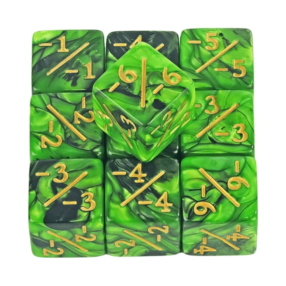 A set of six green acrylic counter dice showing various negative and positive values.