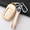 A white TPU protective case for a Honda key fob, featuring a gold trim and attached to a silver keychain.