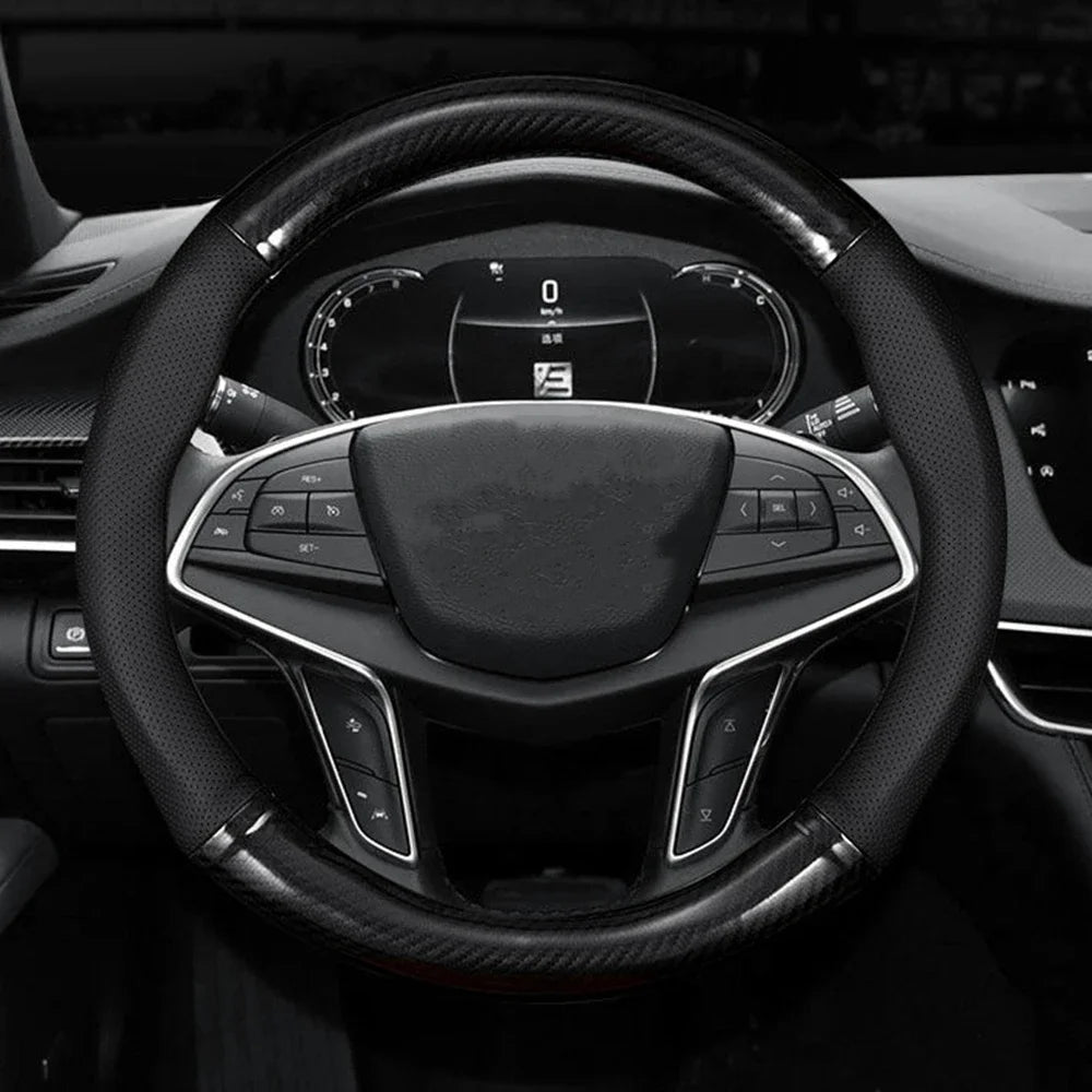 Carbon Fiber Leather Steering Wheel Cover with Anti-Slip Grip