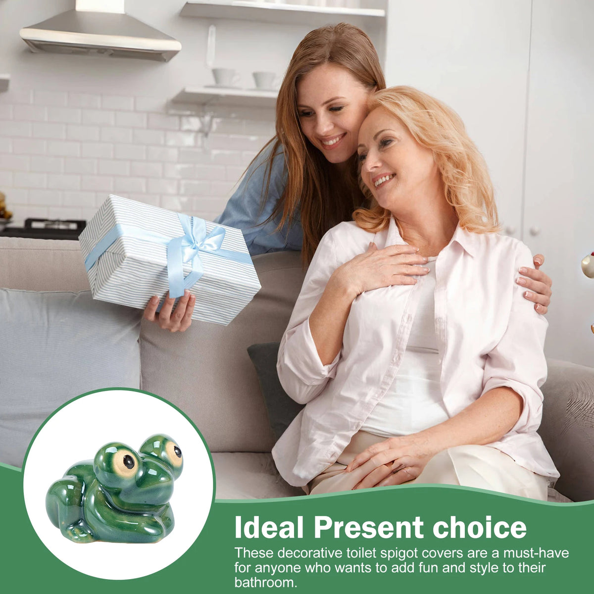 A woman is smiling while holding a hand-painted ceramic frog toilet spigot cover.