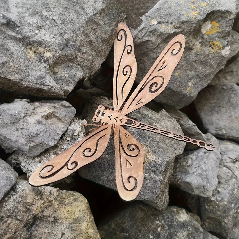 Rust-Colored Metal Dragonfly Garden Statue