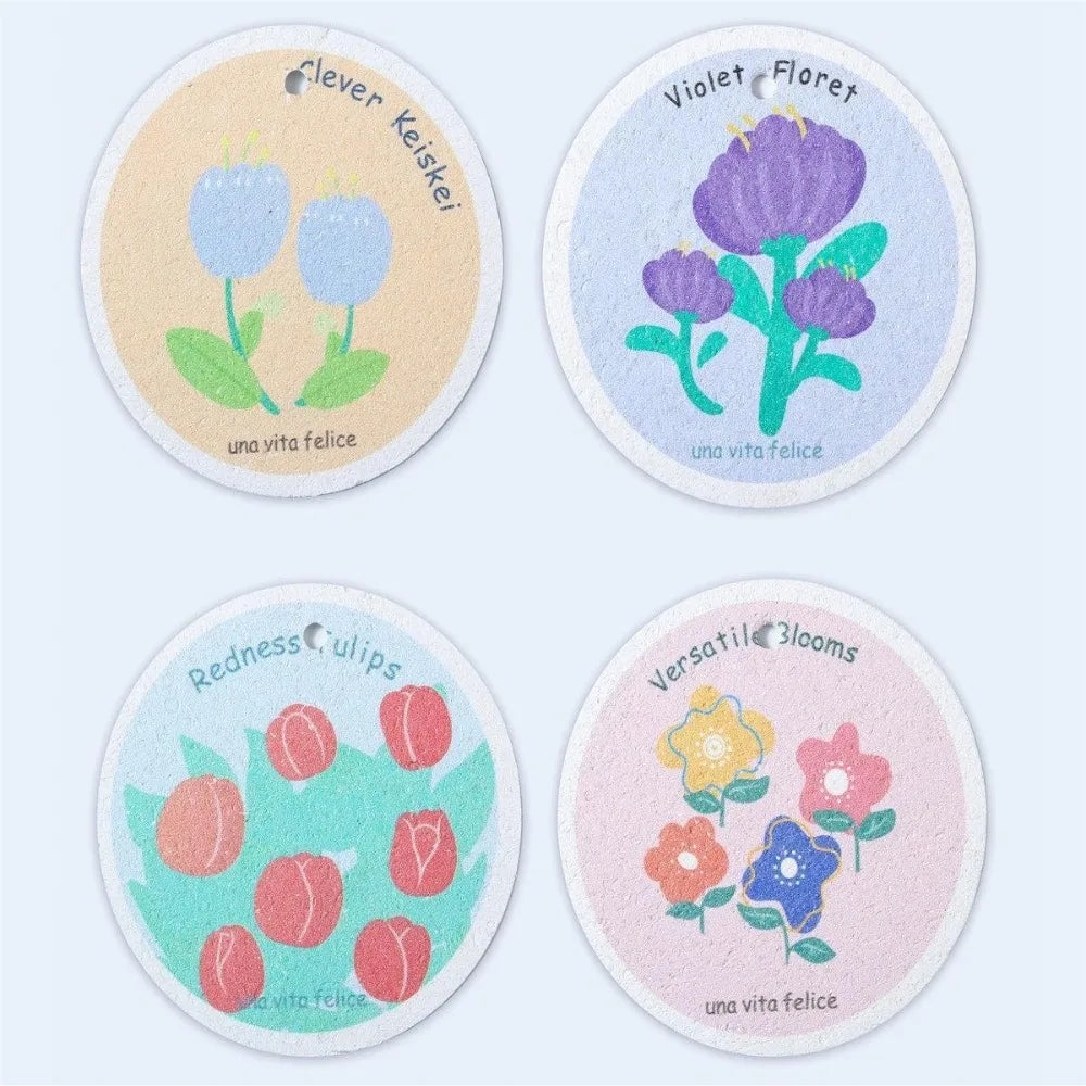 Four circular labels featuring floral designs and Latin phrases for cotton scouring sponges.