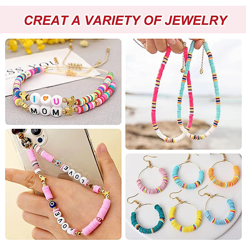 A variety of colorful polymer clay beads with letters are shown for DIY jewelry making projects.