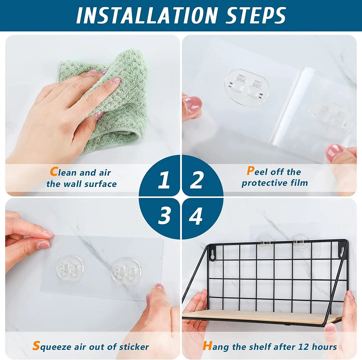 Installation steps showing how to clean, peel film, and hang No-Drill Adhesive Hooks on a wall.