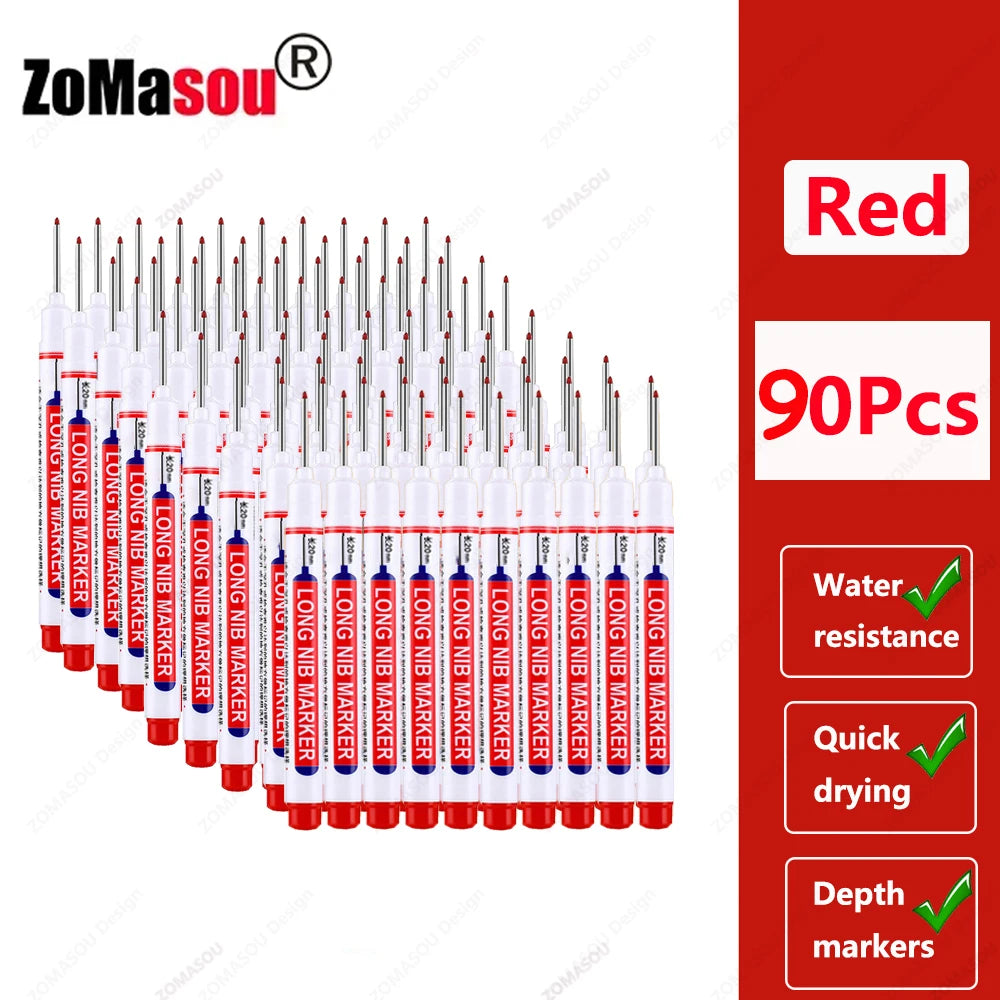 A set of red long-head waterproof deep hole markers for woodworking and construction