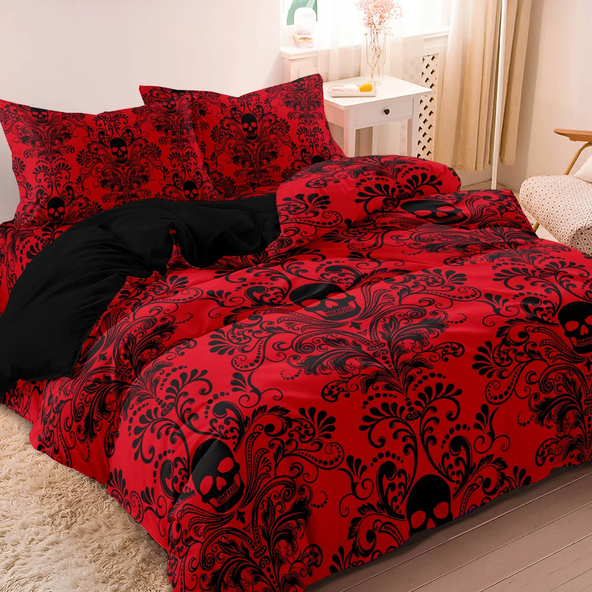 Gothic Skull Print Duvet Cover Set with Pillowcases - Soft Polyester Bedding for Adults