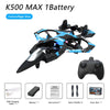A black and blue K500 MAX drone with a spare paddle, battery, instructions, and USB charging cable displayed.